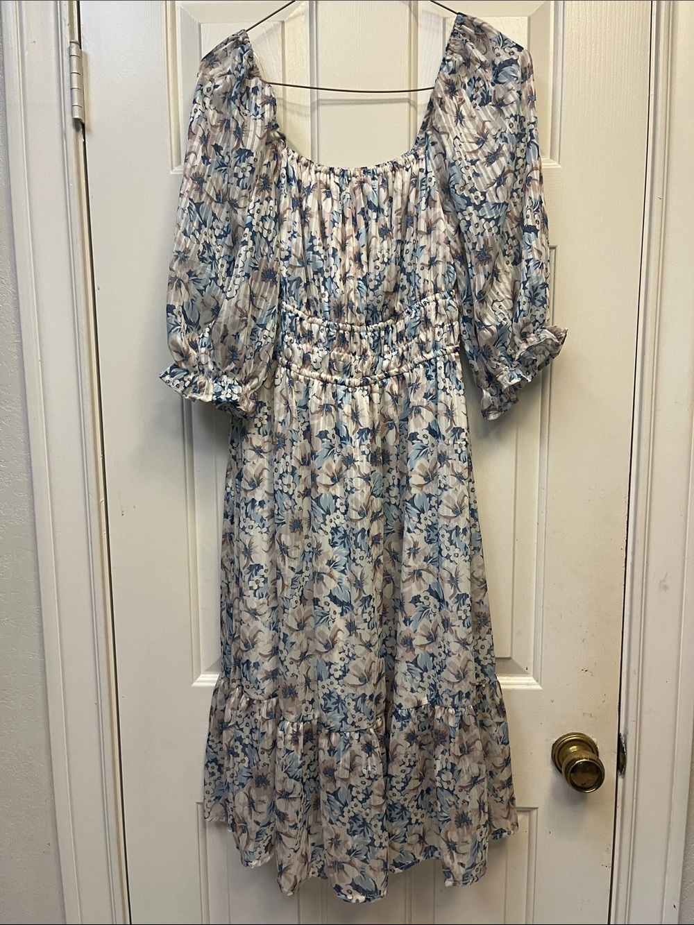 Tea n Rose blue/cream Floral Puff-Sleeve Midi Dress L NWOT